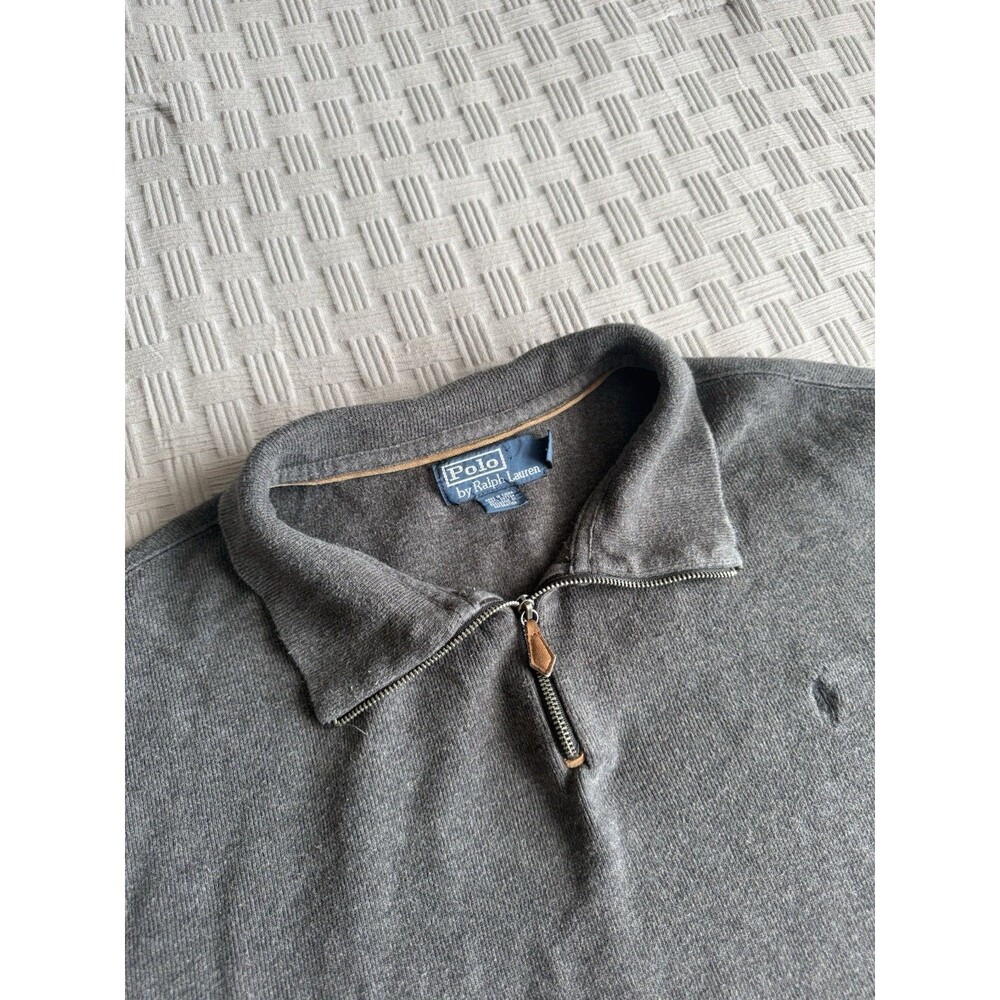 Polo Ralph Lauren Mens XXL Grey 100% Cotton 1/4 Sweater Leather Pullover